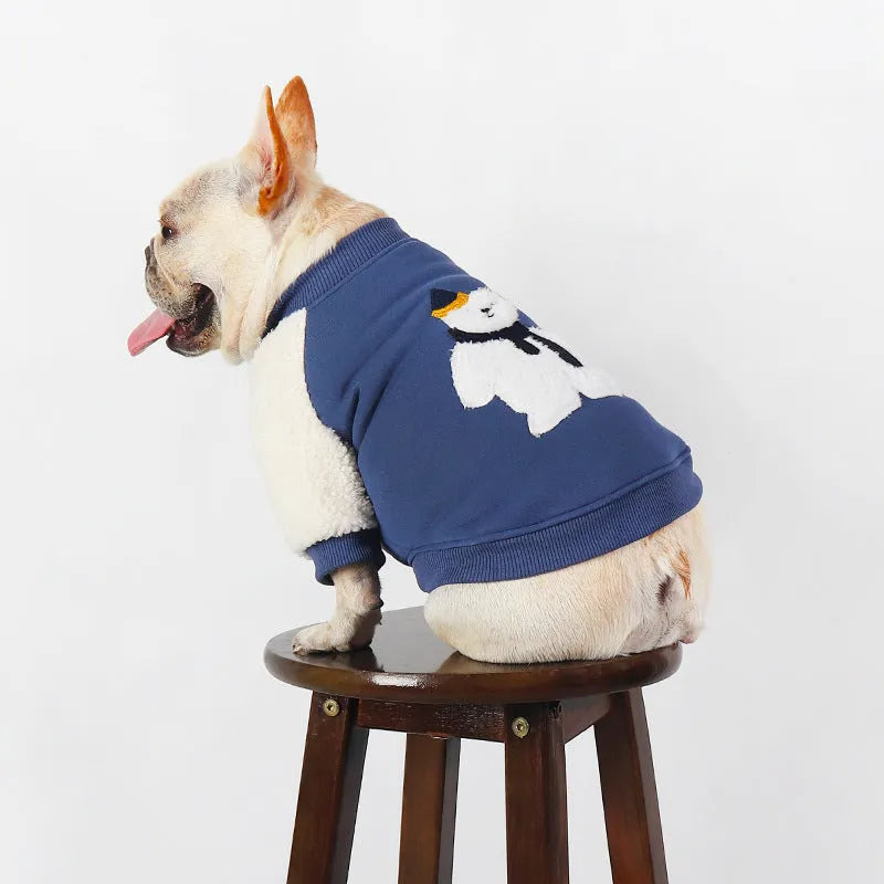 Dark blue fleece-lined dog winter coat with cotton outer material in size L