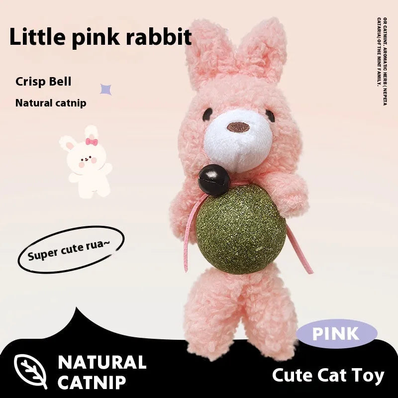 Plush cat toy shaped as a small doll with a mint ball inside, shown in assorted animal designs.