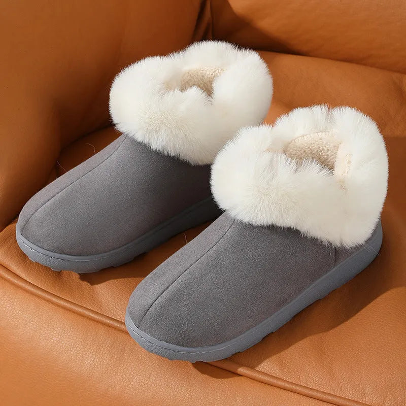 Indoor platform cotton shoes in grey, black or brown with toe-ring design, velvet upper and sewn PVC sole