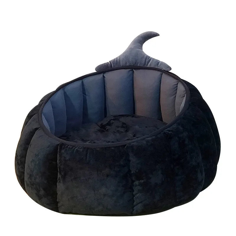 Halloween pumpkin-shaped pet bed with cartoon devil design for cats and small dogs