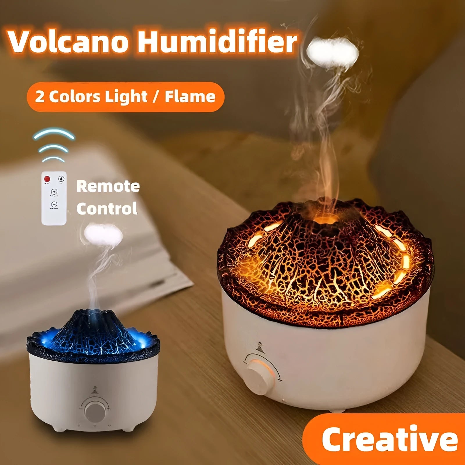 White columnar simulated flame volcano humidifier with remote control on wooden surface