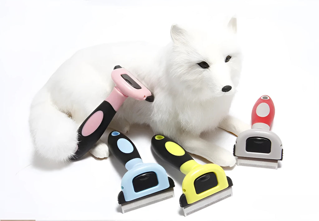 Removable ABS pet hair removal comb for long straight-haired dogs, available in blue or pink