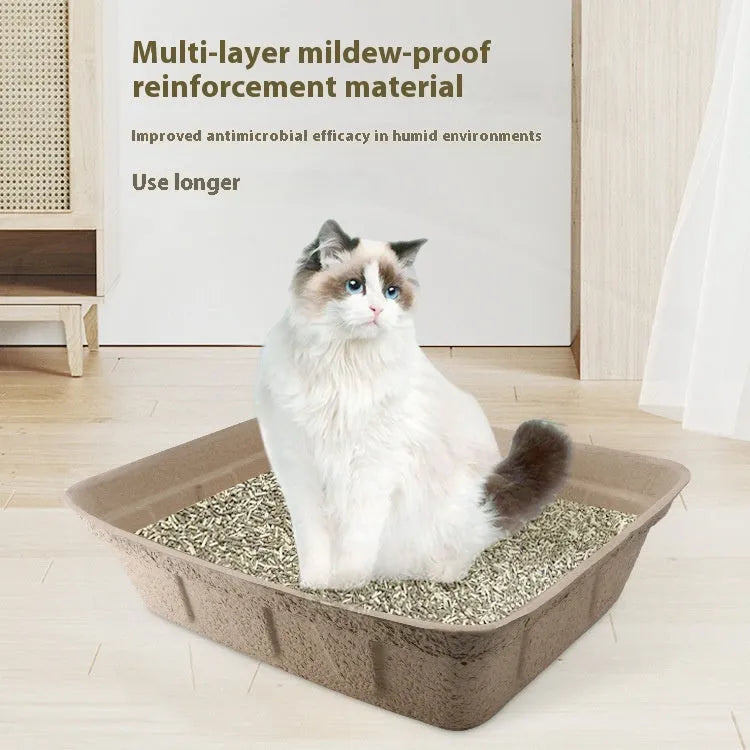 Brown disposable cat litter box showing waterproof biodegradable construction
