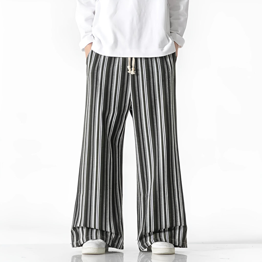 Vintage stripe loose straight leg trousers in cotton blend fabric on a mid-rise waist.