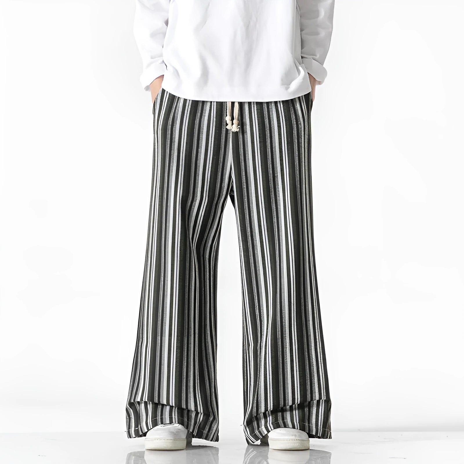 Vintage stripe loose straight leg trousers in cotton blend fabric on a mid-rise waist.