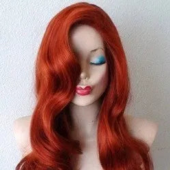 Women's copper red anime long curly wig with 26 inch length on a mannequin head