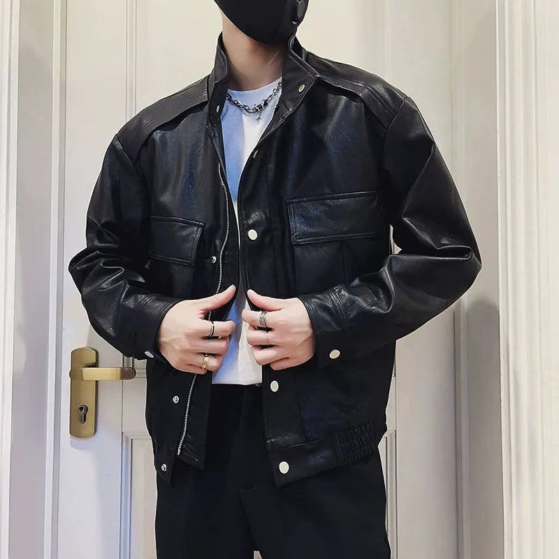 Men's black Korean-style PU leather jacket with straight hem and side pockets for spring autumn wear