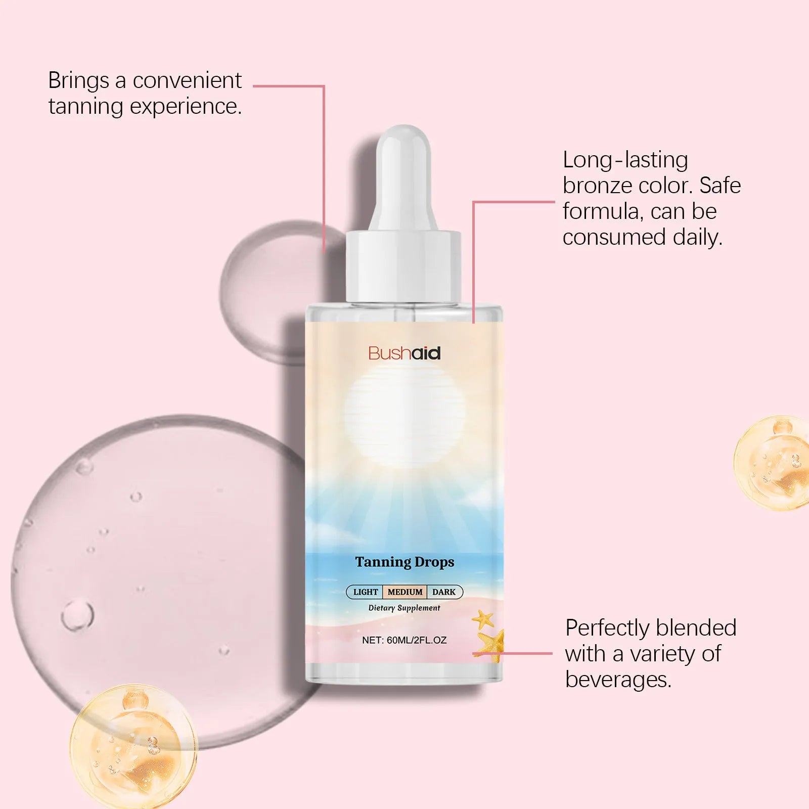 60ml bottle of no sunlight required tanning drops for body care, showing packaging size.