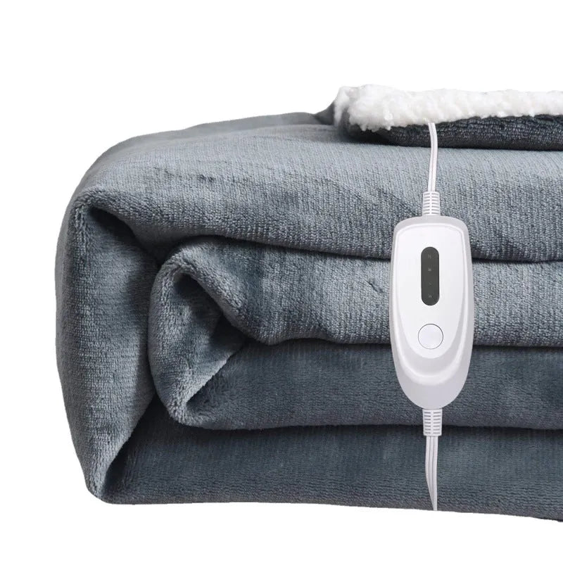 Gray and white USB electric heating blanket with intelligent temperature controls, laid flat.