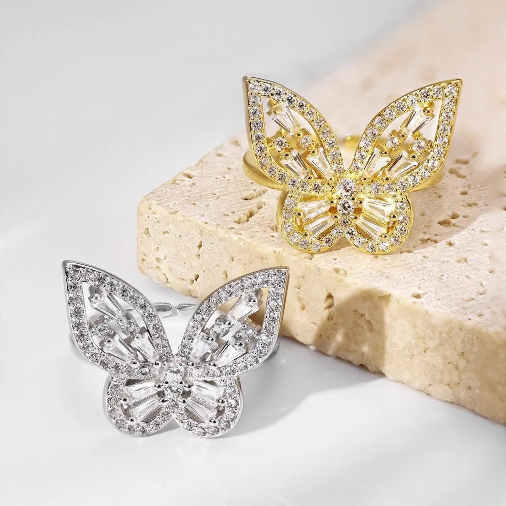 S925 sterling silver butterfly ring with inlaid zircon and adjustable open band in white or gold tone