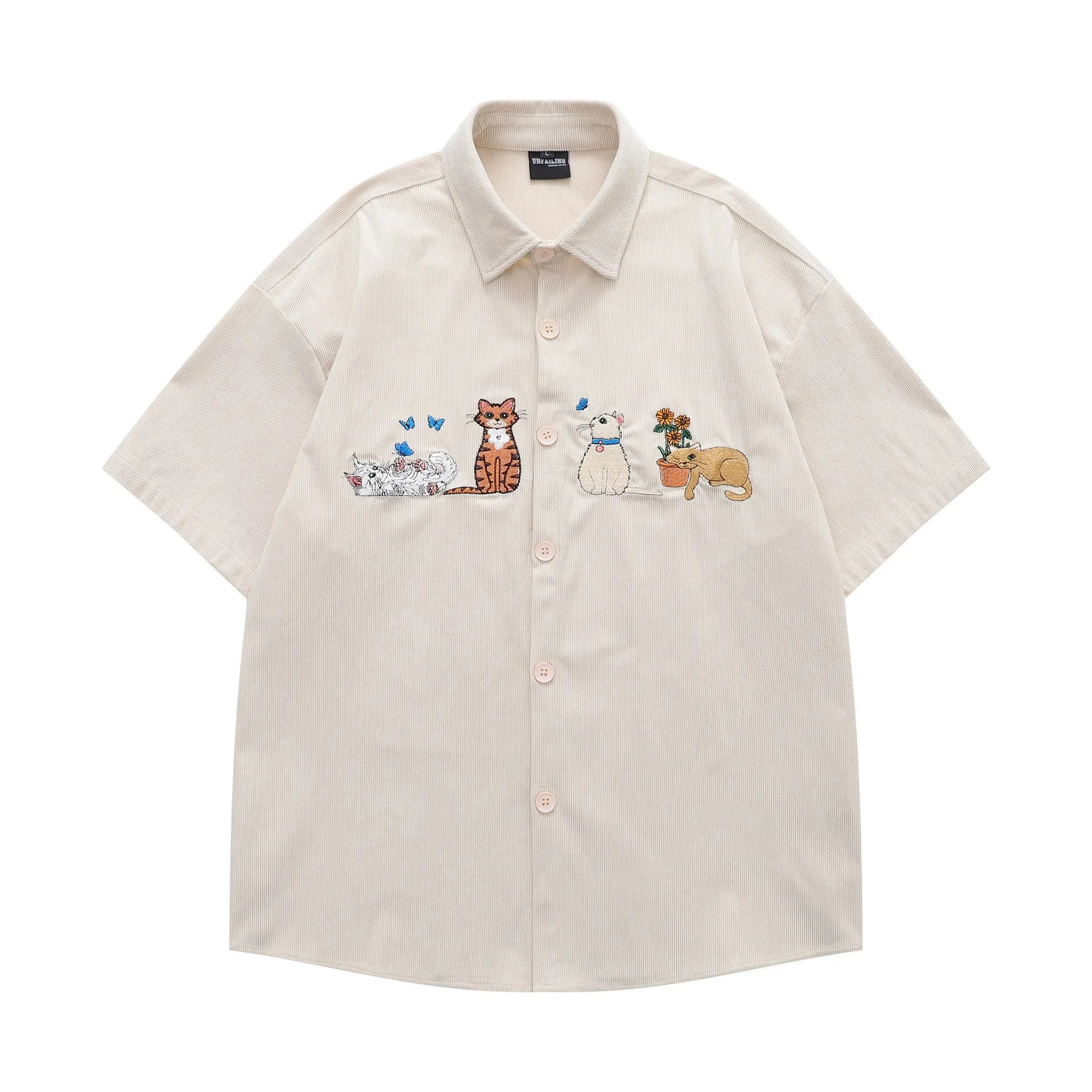 Loose cardigan shirt with embroidered cartoon pattern in apricot, brown, or black colour options.