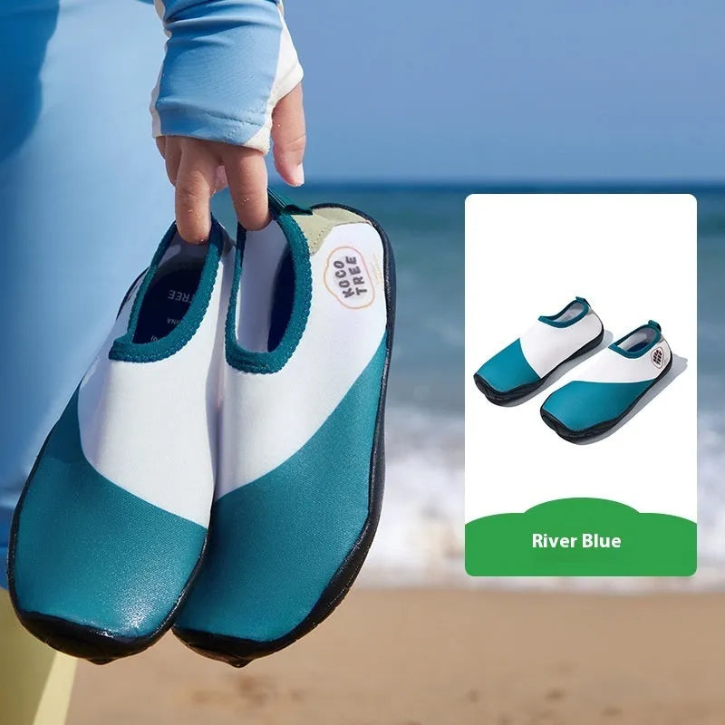 Children's anti-slip beach shoes in five colours with rubber sole and polyester upper.
