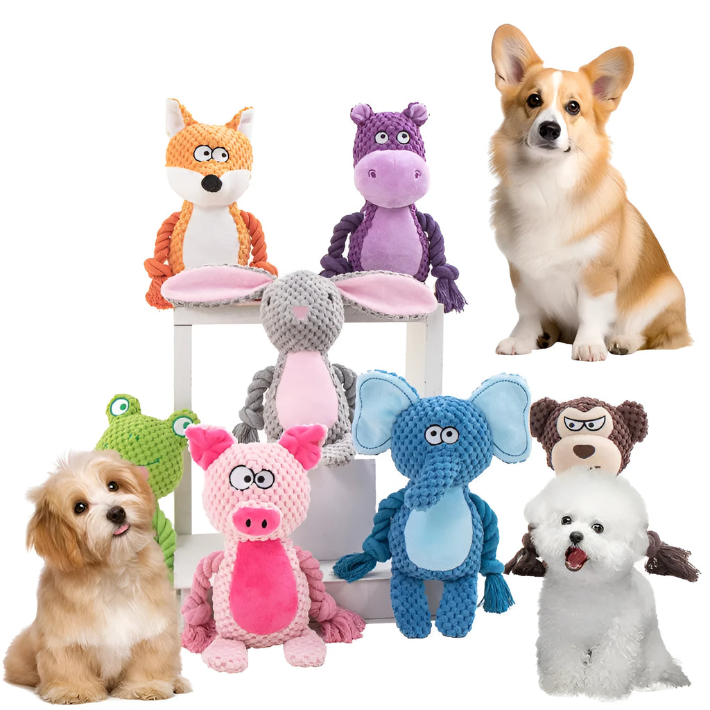Hippo design plush dog toy with cotton rope sections for tug of war games