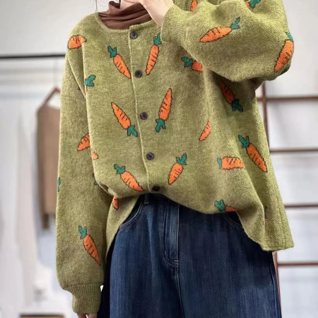Women's loose fit Mori print cardigan sweater with round neck and regular sleeves