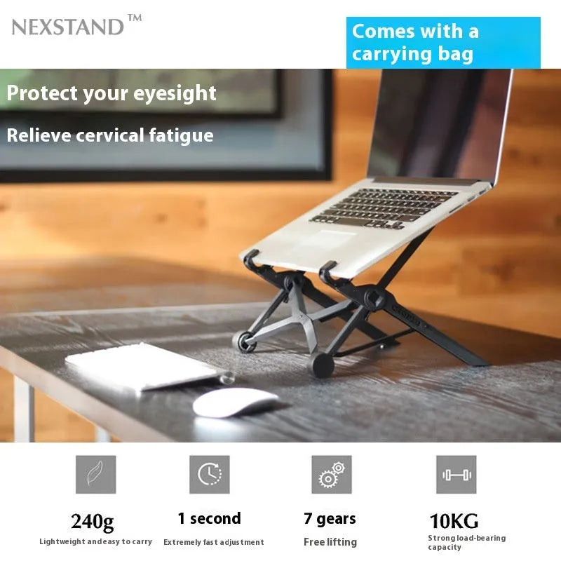 Sagacious black portable folding laptop stand with collapsed legs next to its carrying case.