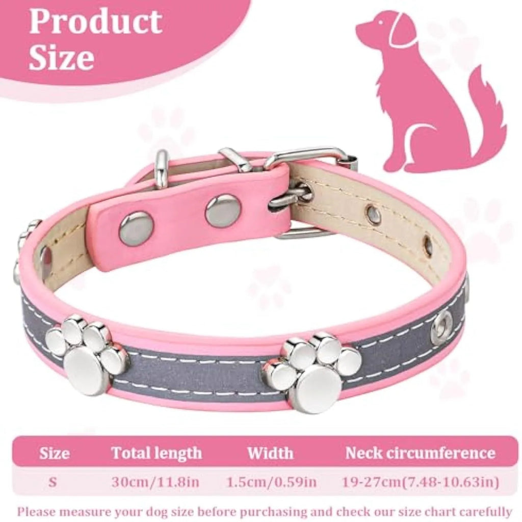 Reflective adjustable leather dog collar with paw rivet on a grey background.