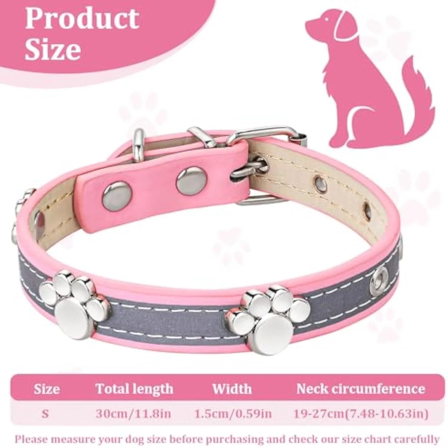 Reflective adjustable leather dog collar with paw rivet on a grey background.