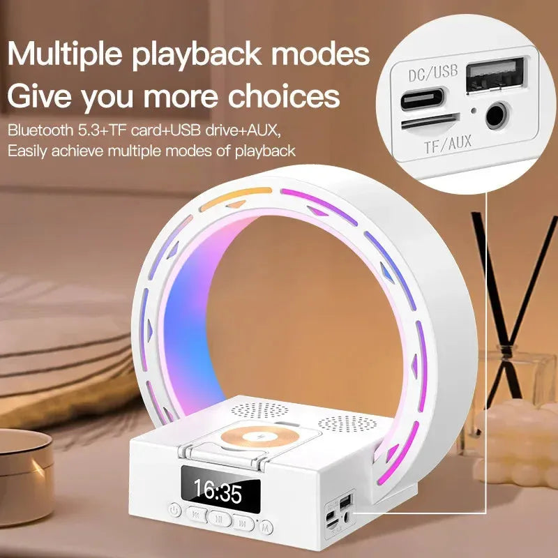 White multifunction Bluetooth speaker with wireless charging pad, digital clock display, and bedside lamp features