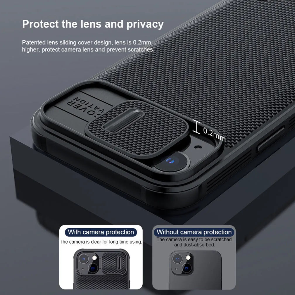 Black textured PC and TPU sliding back cover case for Apple iPhone 13 Pro Max on a white background.