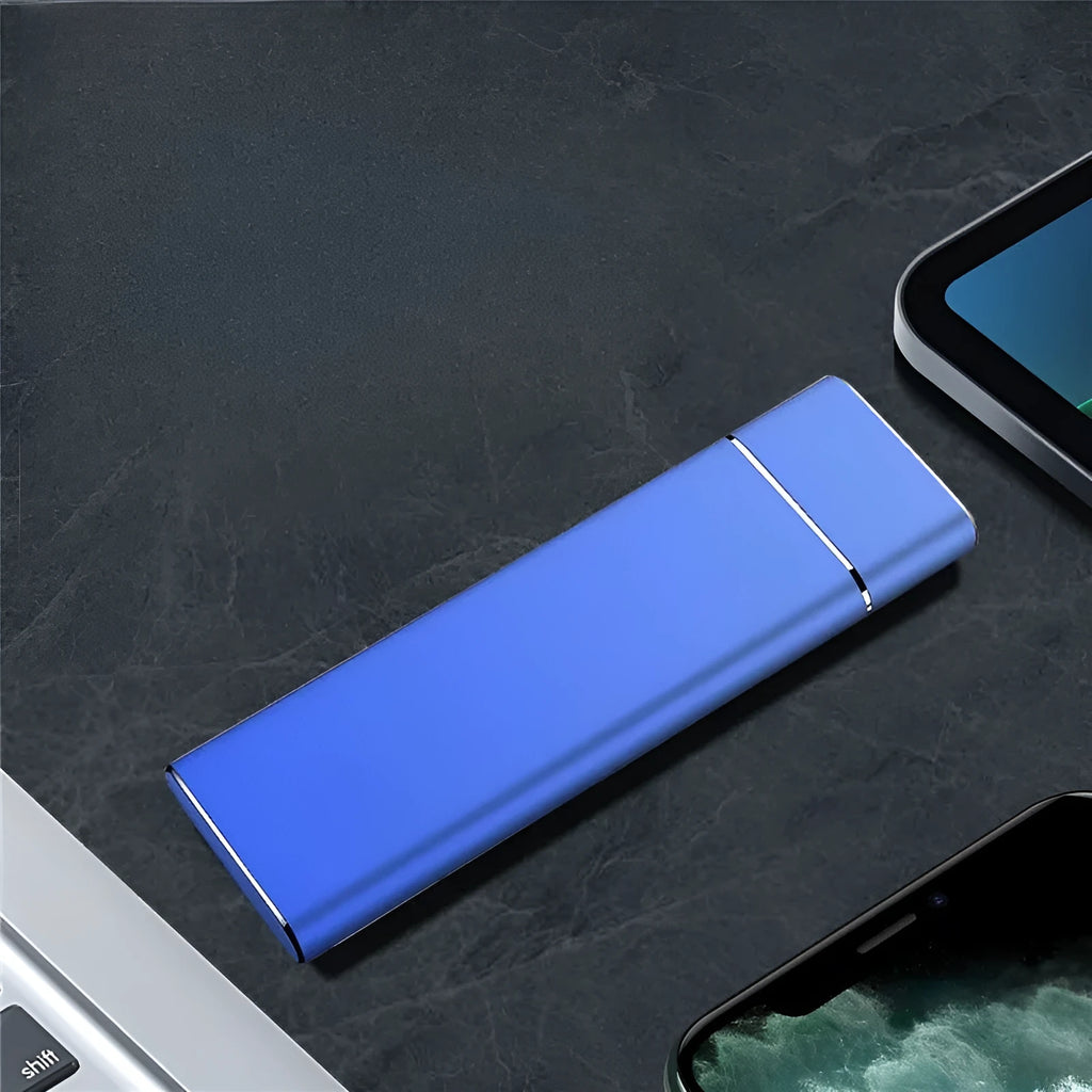 Sapphire blue portable external solid state hard drive with metal shell for phones and computers