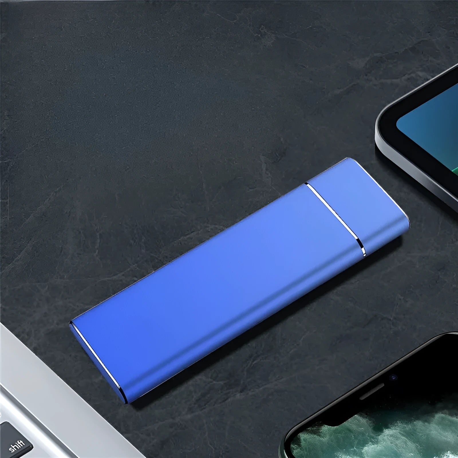 Sapphire blue portable external solid state hard drive with metal shell for phones and computers