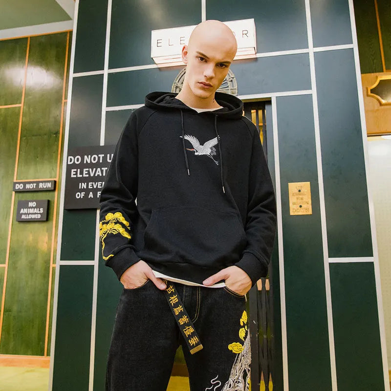 Fairy embroidered men's black cotton hooded sweatshirt loose fit Chinese style