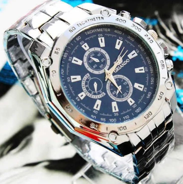 Silver stainless steel men's sport watch with pointer display, 4cm dial, black face on steel strap