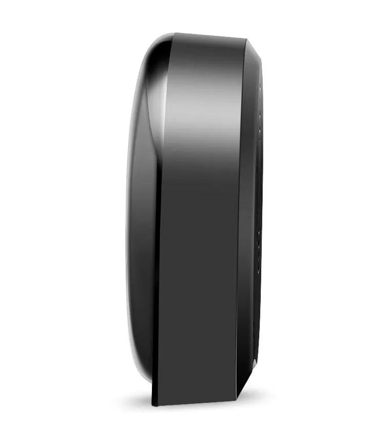 Black wireless weather forecast clock with outdoor sensor showing temperature and humidity on colour LED display