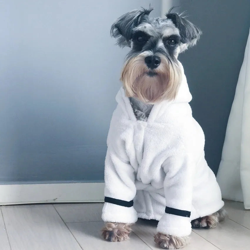 White polyester pet bathrobe robe for dogs and cats on a white background showing front view with tie closure