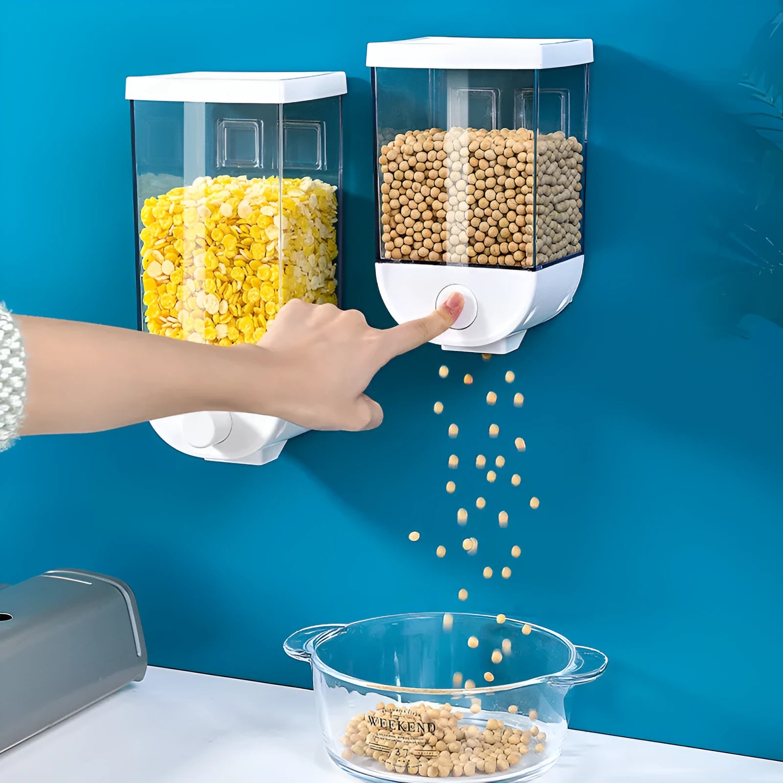 White wall-mounted transparent kitchen food storage container with dispenser lid for cereal and dry goods