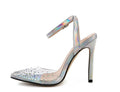 Women's pointed toe sandals with diamond pattern and stiletto heel on a white background.