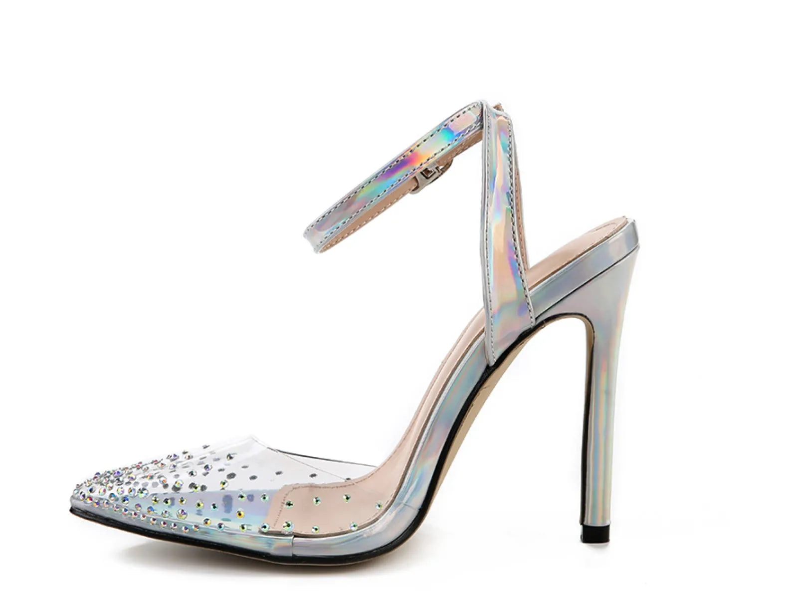 Women's pointed toe sandals with diamond pattern and stiletto heel on a white background.