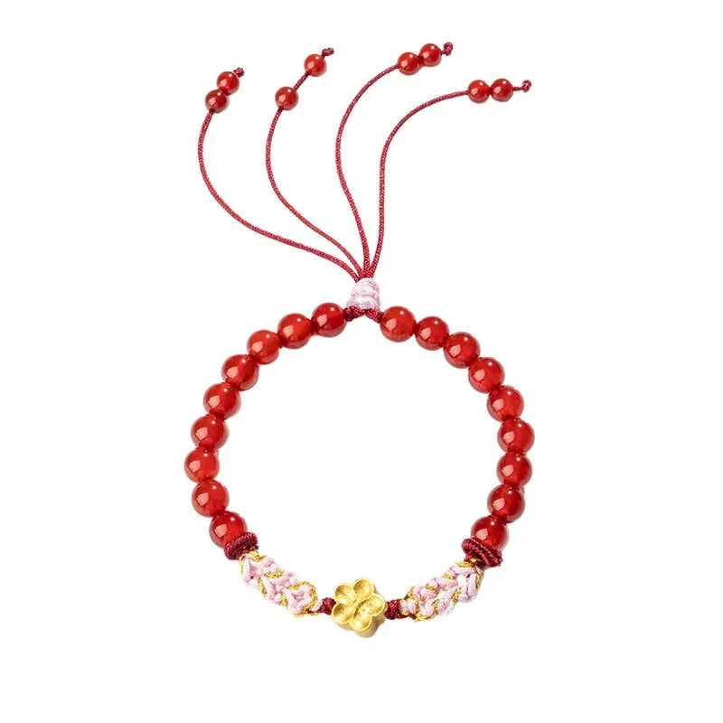 Chinese style red rope bracelet with crystal peach blossom diamond charm in pink or red agate