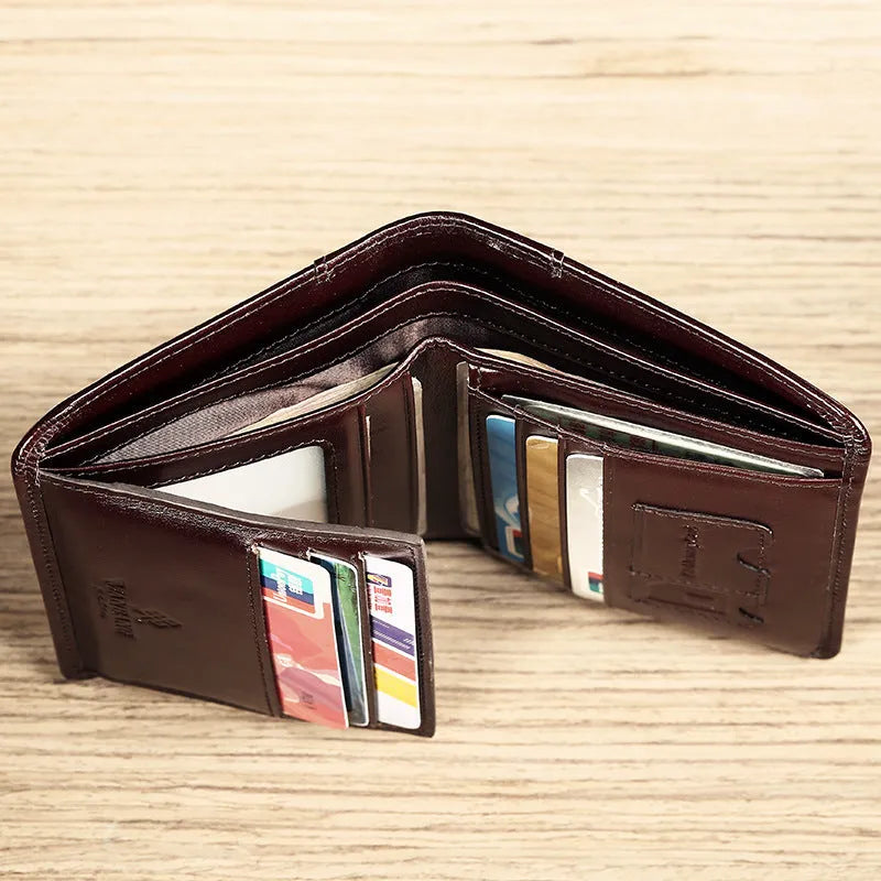 Men's brown leather bifold wallet open to show multiple card slots, a cash compartment, and a coin pocket.