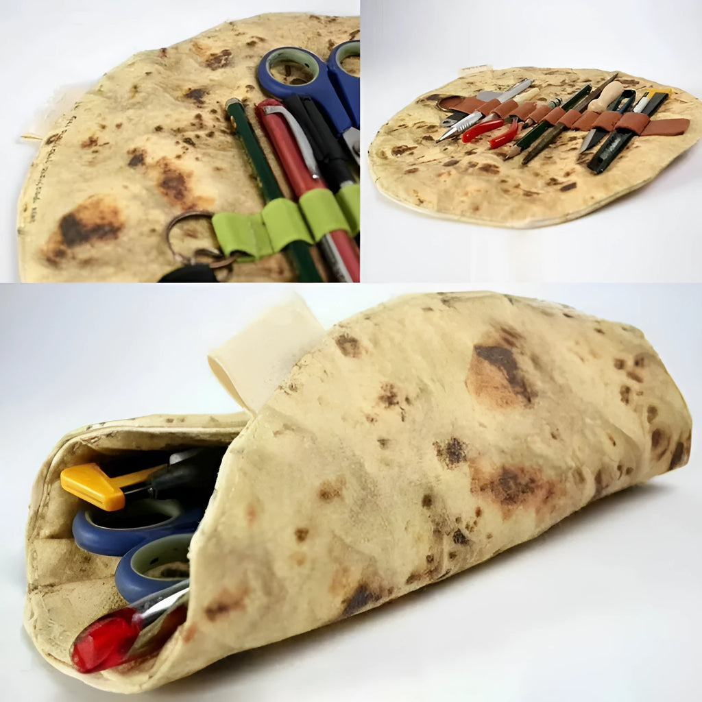 Fabric burrito pencil case 22 cm in clay oven rolls style holding pens and markers