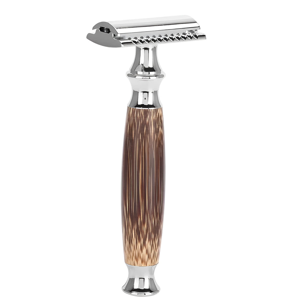 Natural bamboo handle double edged safety razor with silver metal head on light background