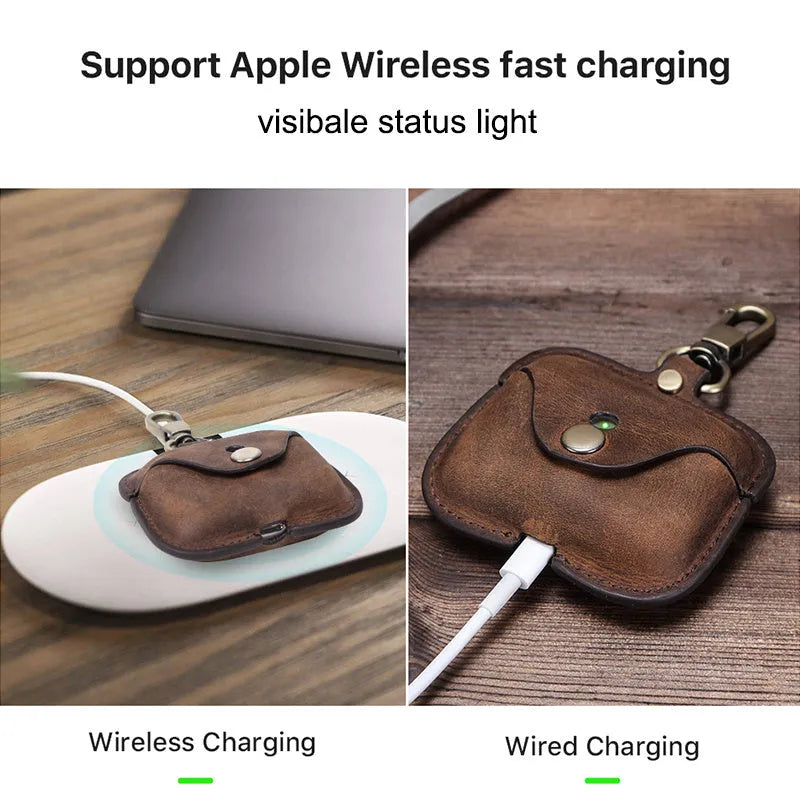 Brown leather clamshell case for AirPods Pro with a vintage crazy horse texture.