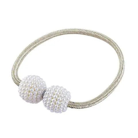 Magnetic curtain tiebacks with pearl beads in multiple colour options on white background