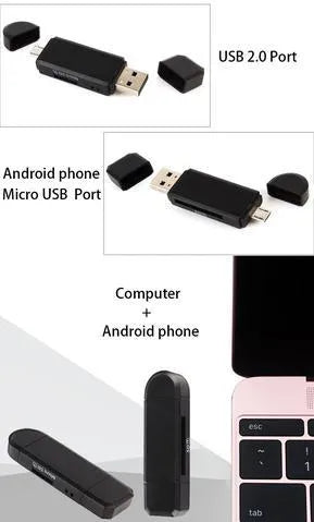 Black smart three-in-one card reader with micro USB and USB 2.0 plugs on a light surface