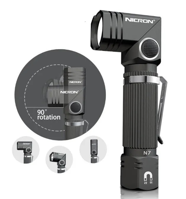 Hands-free LED flashlight in grey black with 1200 lumens, aircraft grade aluminium body, 360° rotary clip, and high-strength magnet