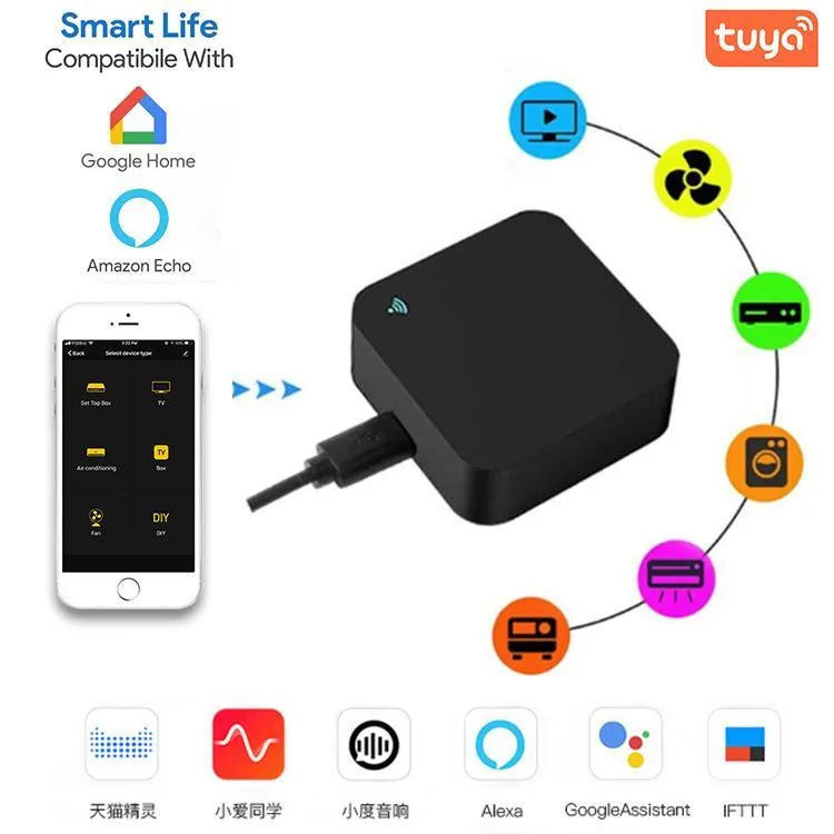Black universal infrared remote control with voice command compatibility for air conditioning and TV appliances