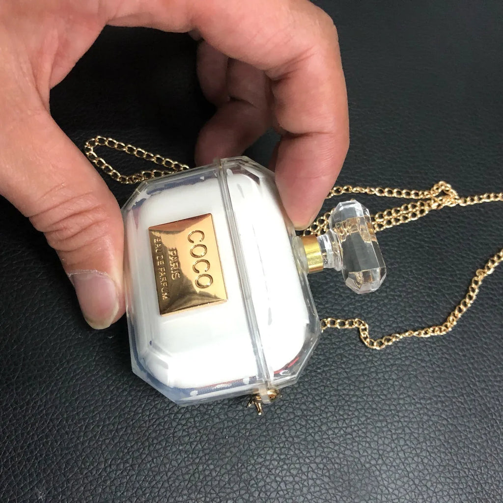 White perfume bottle design silicone case cover for Apple AirPods Pro and AirPods 3 charging box.