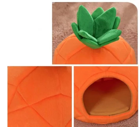 Orange pineapple trumpet pet bed in cloth, sizes S and L, with anti-slip bottom option for small pets.