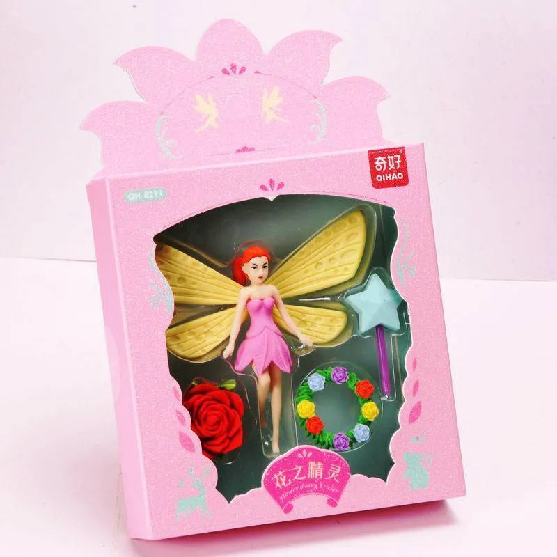 Flower Fairy and Mermaid themed TPR pencil eraser sets containing 12 pieces measuring 14cm by 13cm