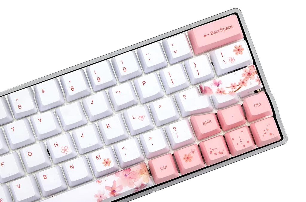 Pink PBT mechanical keyboard keycaps with five-sided sublimation printing for Cherry MX switches