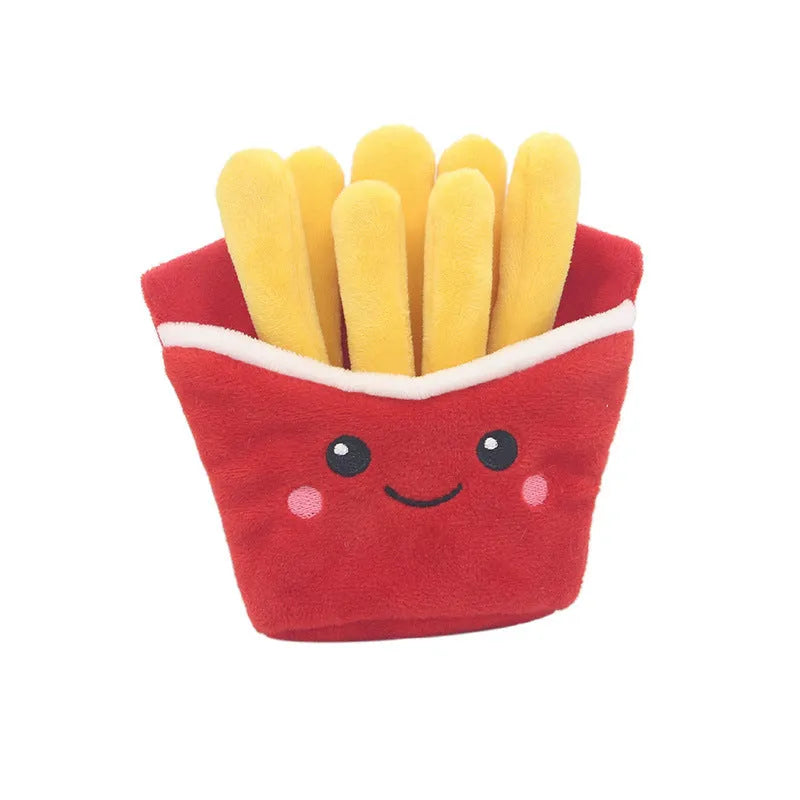 Set of three plush pet toys shaped like a hamburger, french fries, and a milkshake cup on a white background.