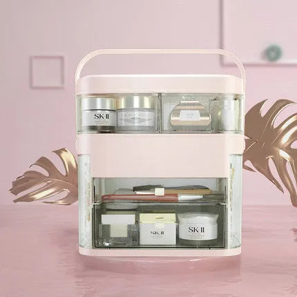 LED makeup organizer box with mirror and jewellery rack in PP and TPE, shown in apricot, grey, pink and white colour options