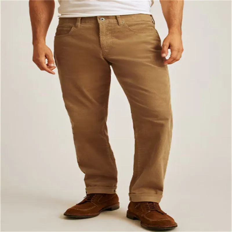 Men's solid colour corduroy trousers showing straight-leg cut and mid-waist design in green colour option