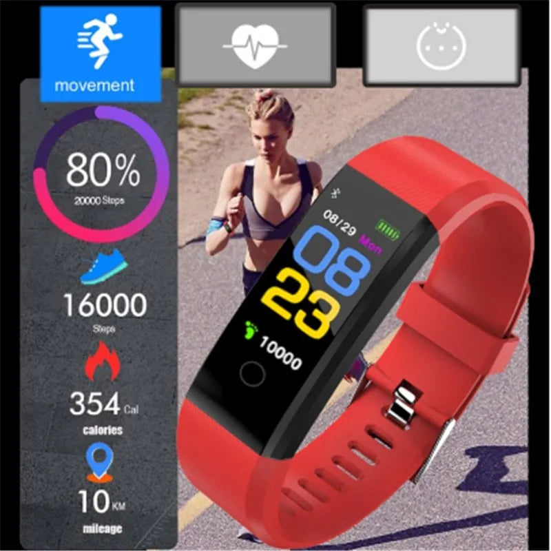 Screen Smart Wristband 115plus fitness tracker with colour LED touch screen on wrist showing heart rate