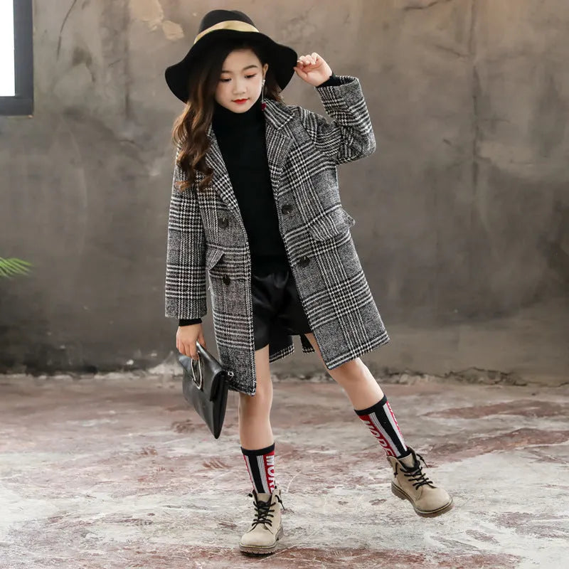 Girls' grey houndstooth plaid coat with suit collar and long sleeves